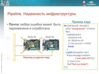 ©2016CloudBees,Inc.AllRightsReserved
Pipeline. Надежность инфраструктуры
• Почти любая ошибка может быть
перехвачена и отработана
Переход на другую ноду
Node #1 Node #2. . .
. . .
for (def board : boards) {
echo "trying board " + board;
try {
node(board) {
checkout scm
sh ‘./bin/run.sh’
// Call passed => DONE
break;
}
} catch (Exception ex) {
if (ex.message.contains
("exit code 255")) {
// Fatal error
fail("Test run failed")
} } }
Пример кода
 