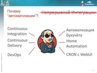 ©2016CloudBees,Inc.AllRightsReserved
Почему
“автоматизации”?
53
Непрерывной Интеграции
Continuous
Integration
Continuous
Delivery
DevOps
Автоматизация
бухучёта
Home
Automation
CRON с WebUI
 