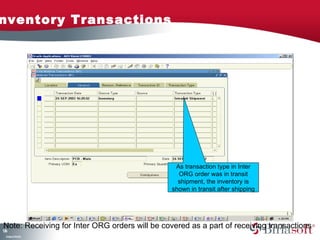 Inventory Transactions 
136 
Company Confidential 
As transaction type in Inter 
ORG order was in transit 
shipment, the inventory is 
shown in transit after shipping 
Note: Receiving for Inter ORG orders will be covered as a part of receiving transactions 
 