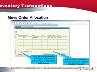 146 
Company Confidential 
Move Order Allocation 
Press Allocate to generate 
reservation from source 
subinventory to destination 
subinventory 
After allocation reservation 
can be viewed and updated 
manually if required. 
Inventory Transactions 
 