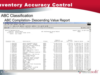 Inventory Accuracy Control 
ABC Classification 
154 
ABC Compilation- Descending Value Report 
Company Confidential 
 