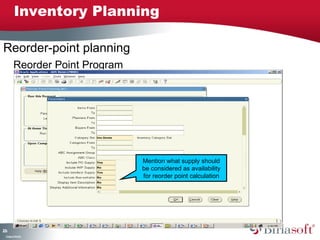206 
Inventory Planning 
Reorder Point Program 
Company Confidential 
Mention what supply should 
be considered as availability 
for reorder point calculation 
Reorder-point planning 
 