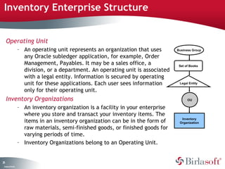 Inventory Enterprise Structure 
25 
Operating Unit 
Company Confidential 
– An operating unit represents an organization that uses 
any Oracle subledger application, for example, Order 
Management, Payables. It may be a sales office, a 
division, or a department. An operating unit is associated 
with a legal entity. Information is secured by operating 
unit for these applications. Each user sees information 
only for their operating unit. 
Inventory Organizations 
– An inventory organization is a facility in your enterprise 
where you store and transact your inventory items. The 
items in an inventory organization can be in the form of 
raw materials, semi-finished goods, or finished goods for 
varying periods of time. 
– Inventory Organizations belong to an Operating Unit. 
Business Group 
Set of Books 
Legal Entity 
OU 
Inventory 
Organization 
 