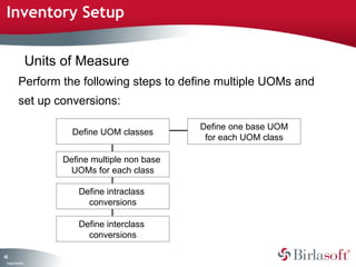 62 
Company Confidential 
Units of Measure 
Define UOM classes 
Define multiple non base 
UOMs for each class 
Define intraclass 
conversions 
Define interclass 
conversions 
Define one base UOM 
for each UOM class 
Inventory Setup 
Perform the following steps to define multiple UOMs and 
set up conversions: 
 