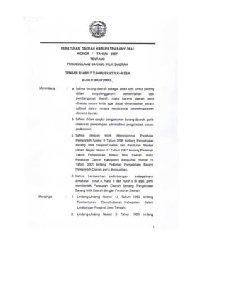 Peraturan Daerah Kabupaten Banyumas Nomor 3 Tahun 2007 Tentang Pengelolaan Barang Milik Daerah