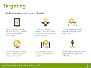 Targeting
Combined targeting to drive improved results
Device: targeting based
on manufacturer / model /
device capabilities /
device age
Connection: targeting
based on the carrier / Wi-
Fi information contained in
the bid request
Content: targeting based
on the type of app / site
being used
Geo-tracking by country /
state / DMA / postcode /
latitude / longitude
Geo-tracking by POIs
(such as airports / store
locations)
Advanced targeting powered
by geographically profiled
audiences
Commercial in Confidence. All Rights Reserved. MaxAxion Q2 2014
 