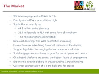 Commercial in Confidence. All Rights Reserved. MaxAxion Q2 2014
The Market
•  Official unemployment in RSA is 24.1%
•  Petrol price in RSA is at an all time high
•  South Africa currently has
•  69.2 million active sim cards
•  32.9 mill people in RSA with some form of telephony
•  14.1 mill smartphones (estimated)
•  Data cost declining, free WIFI penetration increasing
•  Current forms of advertising & market research on the decline
•  Tougher legislation is changing the landscape for marketers
•  Social engagement continues to grow for trusted peers and brands
•  Chat based platforms are seeing the highest levels of engagement
•  Exponential growth globally in crowdsourcing & crowd funding
•  Customer segmentation of 1 is the holy grail for brands
 