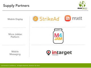 Commercial in Confidence. All Rights Reserved. MaxAxion Q2 2014
Supply Partners
Mobile Display
Mobile
Messaging
Micro Jobber
Platform
 