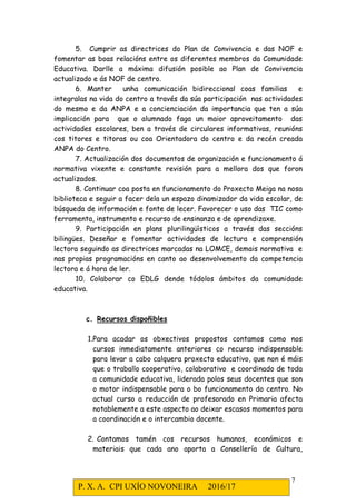 P. X. A. CPI UXÍO NOVONEIRA 2016/17
7
5. Cumprir as directrices do Plan de Convivencia e das NOF e
fomentar as boas relacións entre os diferentes membros da Comunidade
Educativa. Darlle a máxima difusión posible ao Plan de Convivencia
actualizado e ás NOF de centro.
6. Manter unha comunicación bidireccional coas familias e
integralas na vida do centro a través da súa participación nas actividades
do mesmo e da ANPA e a concienciación da importancia que ten a súa
implicación para que o alumnado faga un maior aproveitamento das
actividades escolares, ben a través de circulares informativas, reunións
cos titores e titoras ou coa Orientadora do centro e da recén creada
ANPA do Centro.
7. Actualización dos documentos de organización e funcionamento á
normativa vixente e constante revisión para a mellora dos que foron
actualizados.
8. Continuar coa posta en funcionamento do Proxecto Meiga na nosa
biblioteca e seguir a facer dela un espazo dinamizador da vida escolar, de
búsqueda de información e fonte de lecer. Favorecer o uso das TIC como
ferramenta, instrumento e recurso de ensinanza e de aprendizaxe.
9. Participación en plans plurilingüìsticos a través das seccións
bilingües. Deseñar e fomentar actividades de lectura e comprensión
lectora seguindo as directrices marcadas na LOMCE, demais normativa e
nas propias programacións en canto ao desenvolvemento da competencia
lectora e á hora de ler.
10. Colaborar co EDLG dende tódolos ámbitos da comunidade
educativa.
c. Recursos dispoñibles
1.Para acadar os obxectivos propostos contamos como nos
cursos inmediatamente anteriores co recurso indispensable
para levar a cabo calquera proxecto educativo, que non é máis
que o traballo cooperativo, colaborativo e coordinado de toda
a comunidade educativa, liderada polos seus docentes que son
o motor indispensable para o bo funcionamento do centro. No
actual curso a reducción de profesorado en Primaria afecta
notablemente a este aspecto ao deixar escasos momentos para
a coordinación e o intercambio docente.
2. Contamos tamén cos recursos humanos, económicos e
materiais que cada ano aporta a Consellería de Cultura,
 