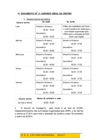 P. X. A. CPI UXÍO NOVONEIRA 2016/17
11
b) DOCUMENTO Nº 2: HORARIO XERAL DO CENTRO
a. Horario lectivo do centro
Horario lectivo De mañá De tarde
Luns Infantil e Primaria:
10.30 – 14.10
Secundaria:
10.30 – 14.10
FÓRA DO HORARIO LECTIVO:
o centro poderá ser usado para
actividades organizadas pola
ANPA para o alumnado de ESO,
neste caso Inglés.
Martes Infantil e Primaria:
10.30 – 14.35
Secundaria:
10.30 – 15.00
Infantil e Primaria:
15.35 – 17.15
Secundaria:
15.35 – 17.15
Mércores Infantil e Primaria:
10.30 – 14.40
Secundaria:
10.30 – 15.00
Infantil e Primaria:
16.15 – 17.15
Secundaria:
15.35 – 17.15
Xoves Infantil e Primaria:
10.30 – 14.40
Secundaria:
10.30 – 15.00
Infantil e Primaria:
16.15 – 17.15
Secundaria:
15.35 – 17.15
Venres Infantil e Primaria:
10.30 – 14.40
Secundaria:
10.30 – 15.00
Infantil e Primaria:
16.15 – 17.15
Secundaria:
15.35 – 17.15
Horario lectivo Meses de setembro e xuño
De luns a venres 10.00- 15.00
• O horario do transporte pola tarde é os luns ás 14.30h,
independientemente das actividades organizadas pola ANPA, e de martes
a venres as 17.15 h. para todo o alumnado de outubro a maio. En setembro
e xuño é ás 16.00 h.
 