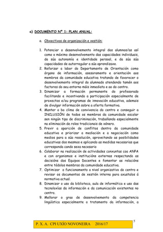 P. X. A. CPI UXÍO NOVONEIRA 2016/17
5
a) DOCUMENTO Nº 1: PLAN ANUAL:
a. Obxectivos de organización e xestión:
1. Potenciar o desenvolvemento integral dos alumnos/as así
como o máximo desenvolvemento das capacidades individuais,
da súa autonomía e identidade persoal, e da súa súa
capacidades de autorregular a súa aprendizaxe.
2. Reforzar a labor do Departamento de Orientación como
órgano de información, asesoramento e orientación aos
membros da comunidade educativa tratando de favorecer o
desenvolvemento integral do alumnado atendendo tamén aos
factores do seu entorno máis inmediato e ao do centro.
3. Dinamizar a formación permanente do profesorado
facilitando e incentivando a participación especialmente de
proxectos e/ou programas de innovación educativa, ademais
de divulgar información sobre a oferta formativa.
4. Manter o bo clima de convivencia do centro e conseguir a
INCLUSIÓN de todos os membros da comunidade escolar
sen ningún tipo de discriminación, traballando especialmente
na eliminación de roles tradicionais de xénero.
5. Previr a aparición de conflitos dentro da comunidade
educativa e priorizar a mediación e a negociación como
medios para a súa resolución, aproveitando as posibilidades
educativas dos mesmos e aplicando as medidas necesarias que
corresponda cando sexa necesario
6. Colaborar na realización de actividades conxuntas coa ANPA
e con organismos e institucións externas respectando as
decisións dos Equipos Docentes e fomentar as relacións
entre tódolos membros da comunidade educativa.
7. Optimizar o funcionamento a nivel organizativo do centro e
revisar os documentos de xestión interna para axustalos á
normativa actual.
8. Dinamizar o uso da biblioteca, aula de informática e uso das
tecnoloxías da información e da comunicación existentes no
centro.
9. Mellorar o grao de desenvolvemento da competencia
lingüística especialmente o tratamento da información, a
 