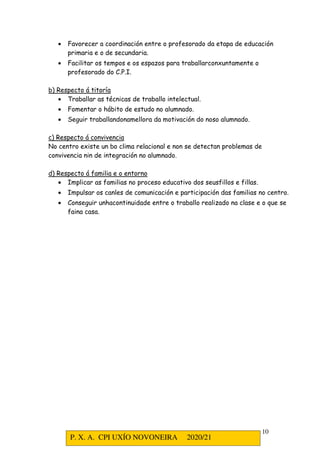 P. X. A. CPI UXÍO NOVONEIRA 2020/21
10
• Favorecer a coordinación entre o profesorado da etapa de educación
primaria e o de secundaria.
• Facilitar os tempos e os espazos para traballarconxuntamente o
profesorado do C.P.I.
b) Respecto á titoría
• Traballar as técnicas de traballo intelectual.
• Fomentar o hábito de estudo no alumnado.
• Seguir traballandonamellora da motivación do noso alumnado.
c) Respecto á convivencia
No centro existe un bo clima relacional e non se detectan problemas de
convivencia nin de integración no alumnado.
d) Respecto á familia e o entorno
• Implicar as familias no proceso educativo dos seusfillos e fillas.
• Impulsar os canles de comunicación e participación das familias no centro.
• Conseguir unhacontinuidade entre o traballo realizado na clase e o que se
faina casa.
 