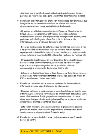 P. X. A. CPI UXÍO NOVONEIRA 2020/21
29
-Continuar coa provisión de servizos básicos de préstamo dos libros e
provisión de recursos de apoio para os distintos departamentos e clases.
b. En relación coa dinamización e promoción dos recursos da biblioteca, a súa
integración no tratamento do currículo e a súa contribución ao
desenvolvemento das competencias básicas do alumnado:
-Organizar actividades en coordinación co Equipo de Dinamización da
Lingua Galega, para programar actividades moi relacionadas coa
celebración dos diversos días significativos ao longo do ano escolar, como
poden ser o día do Magosto, día da Paz, o día da Arbore, o día
internacional contra a violencia de xénero, etc.
-Dotar de máis recursos de lectura nos que se visibilice e destaque a vida
e as aportacións das mulleres ao longo da historia, nos que apareza
representada a diversidade cultural, sexual, familiar, etc. representando
outras culturas, o colectivo LGTBI, diferentes tipoloxías de familias, etc.
-Organización de actividades en coordinación co Dpto. de actividades
Extraescolares e complementarias, facendo uso da Biblioteca como
espazo e recurso para a organización de obradoiros, charlas,
conferencias, e presentación de obras de teatro, etc.
-Colaborar co Equipo Directivo e o Departamento de Orientación na posta
en marcha da hora de lernas diferentes etapas, algo que xa se iniciou en
ESO o pasado curso con bos resultados.
c. En relación coa formación de usuarios e adquisición da competencia
informacional, ou de uso e tratamento da información:
-Unha vez estea posta máis en orden o tema da catalogación dos libros na
Biblioteca, procederase a ter xornadas de presentación aos alumnos (este
curso só alumnado de ESO), que poderanse coordinar cos distintos
departamentos para, dende seu ángulo específico de actuación e interese,
amosarlle aos alumnos as vantaxes do seu uso.
-Isto tamén implicaría un pequeño cursiño ou explicación que podería
ponerse en marcha co obxecto de explicarle aos alumnos aínda máis o
funcionamento e a importancia do Proxecto Meiga.
d. En relación co fomento da lectura e co desenvolvemento do Proxecto
Lector do Centro:
 