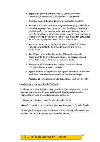 P. X. A. CPI UXÍO NOVONEIRA 2020/21
36
• Exposicións (murais, carteis, imaxes,…)relacionadas coa
convivencia, a igualdade e a educación afectivo-sexual.
• Traballar dende Educación Infantil a Educación Emocional.
• Realizar actividades de titoría programadas no grupo referidas a:
relacións no grupo, fomento da amizade, tarefas colaborativas,
sensibilización fronte ao maltrato, conciencia da importancia do
coidado das relacións afectivas e emocionais; así como habilidades
sociais asertivas e de autocoñecemento que exerciten as técnicas
de autocontrol, empatía e resistencia á frustración.
• Manter a través da acción titorial contactos periódicos coas
familias para compartir información e asegurar a mutua
colaboración.
• Reunións periódicas dos titores da ESO coordinadas polo
Departamento de Orientación co obxecto de deseñar accións
conxuntas para a mellora da convivencia no centro
• Aumentar a vixilancia en zonas comúns: aseos corredores,
recreos, entradas e saídas, comedor …
• Aplicar medidas de seguridade nos equipos informáticos que usan
os alumnos/as e establecer normas de uso destes equipos.
• Asesorar ás familias sobre o uso das redes sociais, móviles, etc.
6. Criterios e procedementos de Avaliación:
-Número de partes de incidencia e gravidade das condutas contrarias á
convivencia no centro. Grao de colaboración do alumnado e familias
implicados así como a reincidencia nestas condutas.
-Número de entrevistas coas familias de cada titoría.
-Reunión trimestral da comisión de Convivencia no seo do Consello Escolar.
-Participación e implicación do alumnado nas actividades relacionadas coa
convivencia, ben sexa na titoría ou a nivel de centro.
 