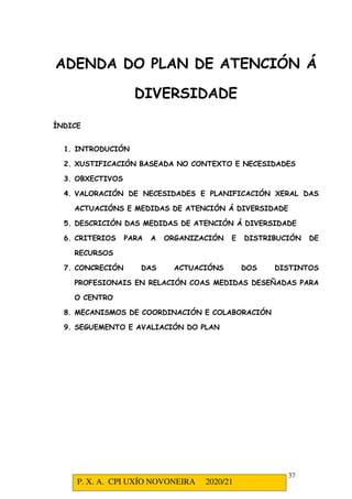 P. X. A. CPI UXÍO NOVONEIRA 2020/21
37
ADENDA DO PLAN DE ATENCIÓN Á
DIVERSIDADE
ÍNDICE
1. INTRODUCIÓN
2. XUSTIFICACIÓN BASEADA NO CONTEXTO E NECESIDADES
3. OBXECTIVOS
4. VALORACIÓN DE NECESIDADES E PLANIFICACIÓN XERAL DAS
ACTUACIÓNS E MEDIDAS DE ATENCIÓN Á DIVERSIDADE
5. DESCRICIÓN DAS MEDIDAS DE ATENCIÓN Á DIVERSIDADE
6. CRITERIOS PARA A ORGANIZACIÓN E DISTRIBUCIÓN DE
RECURSOS
7. CONCRECIÓN DAS ACTUACIÓNS DOS DISTINTOS
PROFESIONAIS EN RELACIÓN COAS MEDIDAS DESEÑADAS PARA
O CENTRO
8. MECANISMOS DE COORDINACIÓN E COLABORACIÓN
9. SEGUEMENTO E AVALIACIÓN DO PLAN
 