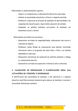 P. X. A. CPI UXÍO NOVONEIRA 2020/21
42
Relacionados co desenvolvemento cognitivo.
- Adquirir as competencias e coñecementos básicos de cada etapa.
- Analizar as necesidades educativas e ofrecer a resposta axeitada.
- Establecer a aplicación do principio de igualdade de oportunidades e de
compensación educativa para o logro dunha educación de calidade.
- Compensar os posibles desfases curriculares do alumnado con
desvantaxe social e cultural.
Relacionados coa mellora da convivencia
- Desenvolver actitudes de responsabilidade, coñecemento dos outros e
relacións de empatía.
- Establecer canles fluídas de comunicación coas familias, facilitando
información sobre os progresos das súas fillas e fillos e as medidas
adoptadas en cada caso.
- Desenvolver estratexias de resolución de conflitos mediante o diálogo
e a comunicación asertiva.
- Desenvolver actitudes de aceptación e tolerancia ante a diferenza.
4. VALORACIÓN DE NECESIDADES E PLANIFICACIÓN XERAL DAS
ACTUACIÓNS DE ATENCIÓN Á DIVERSIDADE
A identificación das necesidades do alumnado, a súa valoración e a resposta
educativa constitúen procesos necesarios para adecuar as medidas e recursos á
diversidade. Realizarase mediante:
 
