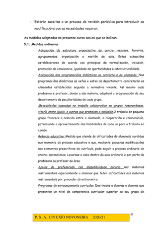 P. X. A. CPI UXÍO NOVONEIRA 2020/21
47
− Estarán suxeitas a un proceso de revisión periódica para introducir as
modificacións que as necesidades requiran.
As medidas adoptadas no presente curso son as que se indican:
5.1. Medidas ordinarias
- Adecuación da estrutura organizativa do centro: espazos, horarios,
agrupamentos, organización e xestión de aula. Estas actuacións
estableceranse de acordo cos principios de normalización, inclusión,
promoción da convivencia, igualdade de oportunidades e interculturalidade.
- Adecuación das programacións didácticas ao contorno e ao alumnado. Nas
programacións didácticas as xefas e xefes de departamento concretarán os
elementos establecidos segundo a normativa vixente. Así mesmo cada
profesora e profesor, dende a súa materia, adaptará a programación do seu
departamento ás peculiaridades de cada grupo.
- Metodoloxías baseadas no traballo colaborativo en grupos heteroxéneos,
titoría entre iguais, e outras que promovan a inclusión.O traballo en pequeno
grupo favorece a relación entre o alumnado, a cooperación e colaboración,
potenciando o aproveitamento das habilidades de cada un para o traballo en
común.
- Reforzo educativo. Medida que atende ás dificultades do alumnado xurdidas
nun momento do proceso educativo e que, mediante pequenas modificacións
nos elementos prescritivos do currículo, pode seguir o proceso ordinario de
ensino- aprendizaxe. Levarase a cabo dentro da aula ordinaria e por parte da
profesora ou profesor de área.
- Apoios do profesorado con dispoñibilidade horaria nas materias
instrumentais especialmente a alumnos que teñen dificultades nas materias
instrumentais por proceder do estranxeiro.
- Programas de enriquecemento curricular. Destinados a alumnas e alumnos que
presentan un nivel de competencia curricular superior ao seu grupo de
 