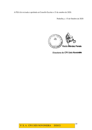P. X. A. CPI UXÍO NOVONEIRA 2020/21
59
A PXA foi revisada e aprobada en Consello Escolar o 15 de outubro de 2020.
Pedrafita, a 15 de Outubro de 2020
 