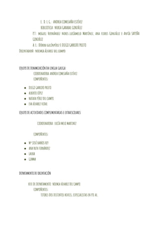 E. D. L.G.: ANDREA COMESAÑA ESTÉVEZ
BIBLIOTECA: NURIA GARABAL GONZÁLEZ
P.T: miguel Hernández nores.lucíamelo Martínez, ana flores González e Antía SAPIÑA
GONZÁLEZ
A.L.:Débora gulínpérez E DIEGO GARRIDO PRIETO
OrientadorA: noemia álvarez del campo
EQUIPO DE DINAMIZACIÓN DA LINGUA GALEGA:
COORDINADORA:ANDREA COMESAÑA ESTÉVEZ
COMPOÑENTES:
● DIEGO GARRIDO PRIETO
● ALBERTO LÓPEZ
● NATAXA PÉREZ DEL CAMPO
● EVA ÁLVAREZ VIDAL
EQUIPO DE ACTIVIDADES COMPLEMENTARIAS E EXTRAESCOLARES
COORDINADORA: LUCÍA MELO MARTINEZ
COMPOÑENTES:
● Mª JOSÉ BARROS REY
● ANA RUTH FERNÁNDEZ
● LAURA
● GEMMA
DEPARTAMENTO DE ORIENTACIÓN
XEFE DE DEPARTAMENTO: NOEMIA ÁLVAREZ DEL CAMPO
COMPOÑENTES:
TITORES DOS DISTINTOS NIVEIS, ESPECIALISTAS EN PTE AL.
 