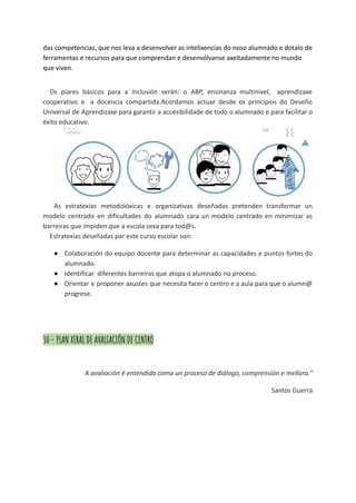 das competencias, que nos leva a desenvolver as intelixencias do noso alumnado e dotalo de
ferramentas e recursos para que comprendan e desenvólvanse axeitadamente no mundo
que viven.
Os piares básicos para a inclusión serán: o ABP, ensinanza multinivel, aprendizaxe
cooperativo e a docencia compartida.Acordamos actuar desde os principios do Deseño
Universal de Aprendizaxe para garantir a accesibilidade de todo o alumnado e para facilitar o
éxito educativo.
As estratexias metodolóxicas e organizativas deseñadas pretenden transformar un
modelo centrado en dificultades do alumnado cara un modelo centrado en minimizar as
barreiras que impiden que a escola sexa para tod@s.
Estratexias deseñadas par este curso escolar son:
● Colaboración do equipo docente para determinar as capacidades e puntos fortes do
alumnado.
● Identificar diferentes barreiras que atopa o alumnado no proceso.
● Orientar e proponer axustes que necesita facer o centro e a aula para que o alumn@
progrese.
30 - PLAN XERAL DE AVALIACIÓN DE CENTRO
A avaliación é entendida coma un proceso de diálogo, comprensión e mellora.”
Santos Guerra
 