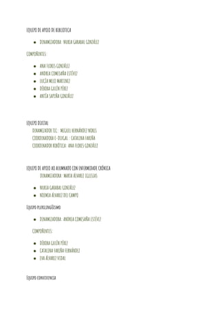 EQUIPO DE APOIO DE BIBLIOTECA
● DINAMIZADORA: NURIA GARABAL GONZÁLEZ
COMPOÑENTES:
● ANA FLORES GONZÁLEZ
● ANDREA COMESAÑA ESTÉVEZ
● LUCÍA MELO MARTINEZ
● DÉBORA GULÍN PÉREZ
● ANTÍA SAPIÑA GONZÁLEZ
EQUIPO DIXITAL
DINAMIZADOR TIC: MIGUEL HERNÁNDEZ NORES
COORDINADORA E-DIXGAL : CATALINA FARIÑA
COORDINADOR ROBÓTICA: ANA FLORES GONZÁLEZ
EQUIPO DE APOIO AO ALUMNADO CON ENFERMIDADE CRÓNICA
DINAMIZADORA: MARTA ÁLVAREZ IGLESIAS
● NURIA GARABAL GONZÁLEZ
● NOEMIA ÁLVAREZ DEL CAMPO
Equipo plurilingÜismo
● DINAMIZADORA: ANDREA COMESAÑA ESTÉVEZ
COMPOÑENTES:
● DÉBORA GULÍN PÉREZ
● CATALINA FARIÑA FERNÁNDEZ
● EVA ÁLVAREZ VIDAL
Equipo convivencia
 