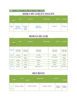 10 - QUENDAS DE VIAXIANCIAS PARA OS RECREOS E HORAS DE LER
HORA DE LER EN INGLÉS
Sesión
LUNS MARTES MÉRCORES XOVES VENRES
12:05-12-
30
MªISABEL 6º
EVA 2ºA
DEBO 3 ANOS
MªISABEL 5º
EVA 2ºB
DEBO 4
ANOS
MªISABEL 1º
DEBO 5 ANOS
ANDREA 4º MªISABEL 3º
HORAS DE LER
Sesión
12:05-12-30
LUNS MARTES MÉRCORES XOVES VENRES
INFANTI
L
3 ANOS: DEBO
4 ANOS: APOIO
5 ANOS: LUCÍA
3 ANOS: LUCÍA
4 ANOS: DEBO
5 ANOS: APOIO
3 ANOS: LUCÍA
4 ANOS: APOIO
5 ANOS: DEBO
3 ANOS: LUCÍA
4 ANOS: APOIO
5 ANOS: DEBO
3 ANOS: LUCÍA
4 ANOS: APOIO
5 ANOS: DEBO
1º E.P. NATAXA DIEGO Mª ISABEL DIEGO BARROS
2º E.P. EVA E MARÍA EVA E
MARÍA
EVA E MARÍA EVA E MARÍA EVA E
MARÍA
3º E.P. BARROS ANA RUTH BARROS ANA RUTH Mª ISABEL
4º E.P. NOE NOE NOE ANDREA NOE
5º E.P. ANTÍA Mª ISABEL ANTÍA ANTÍA ANTÍA
6º E.P. Mª ISABEL PROFE
MÚSICA
PROFE MÚSICA PROFE MÚSICA PROFE MÚSICA
RECREOS
Sesión
LUNS
MARTE
S
MÉRCORES XOVES
VENRES
INFAN
TIL
10:50-11
:40
TITORAS + MARINA TITORAS + MARINA TITORAS + MARINA TITORAS +
MARINA
TITORAS +
MARINA
 