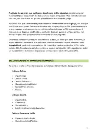 32
A actitude dos pais/nais cara a utilización do galego no ámbito educativo, consideran na gran
maioría (73%) que a adquisición das dúas (ou máis) linguas enriquece e inflúe na maduración dos
seusfillos/as e só a un 41% lles gustaría que se recibisen máis clases en galego.
Por último dicir, que a actitude dos pais e nais cara a normalización social do galego, véndada por
un 61% que pensa que en Galicia debería usarse máis a lingua galega, un 67% que considera que o
ensino en galego axuda a aumentar o prestixio social desta lingua e un 56% que admite que é
necesario o uso do galego establecido na lexislación. Destacar, que se dá unha porcentaxe moi
elevada de pais e nais que contestaron “Indiferente”a varias preguntas.
En canto ao profesorado,este curso actualizáronse os datos, ao haber gran parte de mestres/as
novos. Na enquisa participou o 41% do claustro. Entre os docenteso castelán predomina como
lingua habitual, o galego é empregadonun 8% ,o castelán e o galego por igual un 12,5%, e só o
castelán 20%. Non obstante,ao haber un número baixo de participación (41%), os datos non poden
ser representativosda realidade lingüística do centro polo que aos mestres/as se refire.
14.3.MODIFICACIÓNS NA IMPARTICIÓN DAS MATERIAS
Tal como se recolle no Proxecto Lingüístico, as materias están distribuídas da seguinte forma:
En Lingua Galega:
• Lingua Galega
• Ciencias Sociais.
• Ciencias da Natureza.
• Educación Artística (Música)
• Valores Cívicos e Sociais.
• Ámbitos.
En Lingua Castelá:
• Lingua Castelá.
• Matemáticas
• Educación Física
• Relixión Católica / Relixión Evanxélica.
En Lingua Estranxeira: Inglés
• Lingua estranxeira: Inglés
• Educación Artística (Plástica).
 