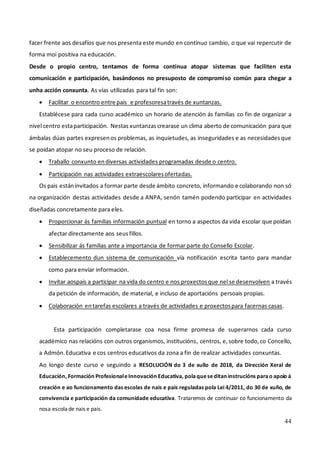 44
facer frente aos desafíos que nos presenta este mundo en contínuo cambio, o que vai repercutir de
forma moi positiva na educación.
Desde o propio centro, tentamos de forma continua atopar sistemas que faciliten esta
comunicación e participación, basándonos no presuposto de compromiso común para chegar a
unha acción conxunta. As vías utilizadas para tal fin son:
• Facilitar o encontro entre pais e profesoresatravés de xuntanzas.
Establécese para cada curso académico un horario de atención ás familias co fin de organizar a
nivel centro estaparticipación. Nestas xuntanzas crearase un clima aberto de comunicación para que
ámbalas dúas partes expresenos problemas, as inquietudes, as inseguridades e as necesidadesque
se poidan atopar no seu proceso de relación.
• Traballo conxunto endiversas actividades programadas desde o centro.
• Participación nas actividades extraescolaresofertadas.
Os pais estáninvitados a formar parte desde ámbito concreto, informando e colaborando non só
na organización destas actividades desde a ANPA, senón tamén podendo participar en actividades
diseñadas concretamente para eles.
• Proporcionar ás familias información puntual en torno a aspectos da vida escolar que poidan
afectar directamente aos seusfillos.
• Sensibilizar ás familias ante a importancia de formar parte do Consello Escolar.
• Establecemento dun sistema de comunicación vía notificación escrita tanto para mandar
como para envíar información.
• Invitar aospais a participar na vida do centro e nos proxectosque nel se desenvolven a través
da petición de información, de material, e incluso de aportacións persoais propias.
• Colaboración entarefas escolares a través de actividades e proxectospara facernas casas.
Esta participación completarase coa nosa firme promesa de superarnos cada curso
académico nas relacións con outros organismos, institucións, centros, e,sobre todo,co Concello,
a Admón.Educativa e cos centros educativos da zona a fin de realizar actividades conxuntas.
Ao longo deste curso e seguindo a RESOLUCIÓN do 3 de xullo de 2018, da Dirección Xeral de
Educación, Formación ProfesionaleInnovación Educativa, polaqueseditan instrucións parao apoio á
creación e ao funcionamento das escolas de nais e pais reguladas pola Lei 4/2011, do 30 de xuño, de
convivencia e participación da comunidade educativa. Trataremos de continuar co funcionamento da
nosa escola de nais e pais.
 