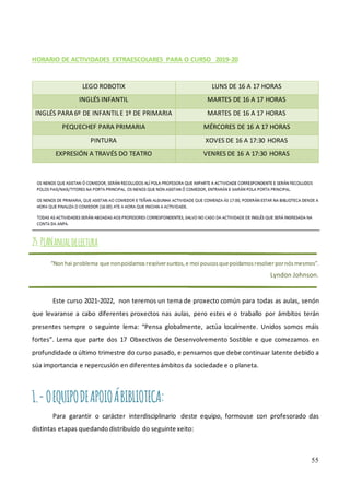 55
HORARIO DE ACTIVIDADES EXTRAESCOLARES PARA O CURSO 2019-20
LEGO ROBOTIX LUNS DE 16 A 17 HORAS
INGLÉS INFANTIL MARTES DE 16 A 17 HORAS
INGLÉS PARA 6º DE INFANTILE 1º DE PRIMARIA MARTES DE 16 A 17 HORAS
PEQUECHEF PARA PRIMARIA MÉRCORES DE 16 A 17 HORAS
PINTURA XOVES DE 16 A 17:30 HORAS
EXPRESIÓN A TRAVÉS DO TEATRO VENRES DE 16 A 17:30 HORAS
25.PLANanualdelectura
“Non hai problema que nonpoidamos resolverxuntos,e moi poucos quepoidamos resolverpornós mesmos”.
Lyndon Johnson.
Este curso 2021-2022, non teremos un tema de proxecto común para todas as aulas, senón
que levaranse a cabo diferentes proxectos nas aulas, pero estes e o traballo por ámbitos terán
presentes sempre o seguinte lema: “Pensa globalmente, actúa localmente. Unidos somos máis
fortes”. Lema que parte dos 17 Obxectivos de Desenvolvemento Sostible e que comezamos en
profundidade o último trimestre do curso pasado, e pensamos que debe continuar latente debido a
súa importancia e repercusión en diferentes ámbitos da sociedade e o planeta.
1.-OEQUIPODEAPOIOÁBIBLIOTECA:
Para garantir o carácter interdisciplinario deste equipo, formouse con profesorado das
distintas etapas quedando distribuído do seguinte xeito:
 
