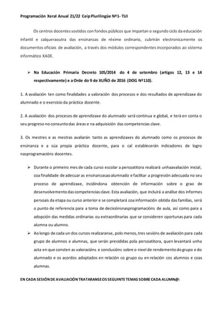 Programación Xeral Anual 21/22 CeipPlurilingüe Nº1- TUI
Os centros docentessostidos con fondos públicos que impartan o segundo ciclo da educación
infantil e calqueraoutra das ensinanzas de réxime ordinario, cubrirán electronicamente os
documentos oficiais de avaliación, a través dos módulos correspondentes incorporados ao sistema
informático XADE.
➢ Na Educación Primaria Decreto 105/2014 do 4 de setembro (artigos 12, 13 e 14
respectivamente) e a Orde do 9 de XUÑO de 2016 (DOG Nº110).
1. A avaliación ten como finalidades a valoración dos procesos e dos resultados de aprendizaxe do
alumnado e o exercicio da práctica docente.
2. A avaliación dos procesos de aprendizaxe do alumnado será continua e global, e terá en conta o
seu progreso no conxuntodas áreas e na adquisición das competencias clave.
3. Os mestres e as mestras avaliarán tanto as aprendizaxes do alumnado como os procesos de
ensinanza e a súa propia práctica docente, para o cal establecerán indicadores de logro
nasprogramacións docentes.
➢ Durante o primeiro mes de cada curso escolar a persoatitora realizará unhaavaliación inicial,
coa finalidade de adecuar as ensinanzasaoalumnado e facilitar a progresión adecuada no seu
proceso de aprendizaxe, incidindona obtención de información sobre o grao de
desenvolvementodascompetenciasclave.Esta avaliación, que incluirá a análise dos informes
persoais da etapa ou curso anterior e se completará coa información obtida dasfamilias, será
o punto de referencia para a toma de decisiónsnasprogramacións de aula, así como para a
adopción das medidas ordinarias ou extraordinarias que se consideren oportunas para cada
alumna ou alumno.
➢ Aolongo de cada un dos cursos realizaranse, polo menos,tres sesións de avaliación para cada
grupo de alumnos e alumnas, que serán presididas pola persoatitora, quen levantará unha
acta en que consten as valoracións e conclusións sobre o nivel de rendementodogrupo e do
alumnado e os acordos adoptados en relación co grupo ou en relación cos alumnos e coas
alumnas.
EN CADA SESIÓNDE AVALIACIÓNTRATARANSEOS SEGUINTE TEMAS SOBRE CADA ALUMN@:
 