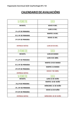 Programación Xeral Anual 21/22 CeipPlurilingüe Nº1- TUI
CALENDARIODE AVALIACIÓNS
1ºTRIMESTRE DATA
INFANTIL XOVES 9 DEC.
1º e 2º DE PRIMARIA
LUNS 13 DEC.
3º, E 4º DE PRIMARIA
MARTES 14 DEC.
5º E 6º DE PRIMARIA
XOVES 15 DEC.
ENTREGA NOTAS LUNS 20 DE DEC.
2ºTRIMESTRE DATA
INFANTIL LUNS 28 MARZO
1º y 2º DE PRIMARIA
LUNS 4 DE ABRIL
5º, E 6º DE PRIMARIA
MARTES 29 DE MARZO
3º E 4º DE PRIMARIA
MARTES 31 MARZO
ENTREGA NOTAS
XOVES 7 DE ABRIL
3ºTRIMESTRE DATA
INFANTIL LUNS 13 DE XUÑO
1ºy 2º DE PRIMARIA
MARTES 14 DE XUÑO
3º, E 4º DE PRIMARIA
MÉRCORES 15 DE XUÑO
5º E 6º DE PRIMARIA
XOVES 16 DE XUÑO
ENTREGA NOTAS MÉRCORES 20 DE XUÑO
 