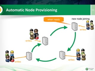 51Optimistic Locking
• Communication to the other nodes of the
cluster only happens during COMMIT, this
affects locking behavior.
• Optimistic Locking is done:
• InnoDB Locking happens local to the
node
• During COMMIT/Certification, the other
nodes bring deadlocks
 