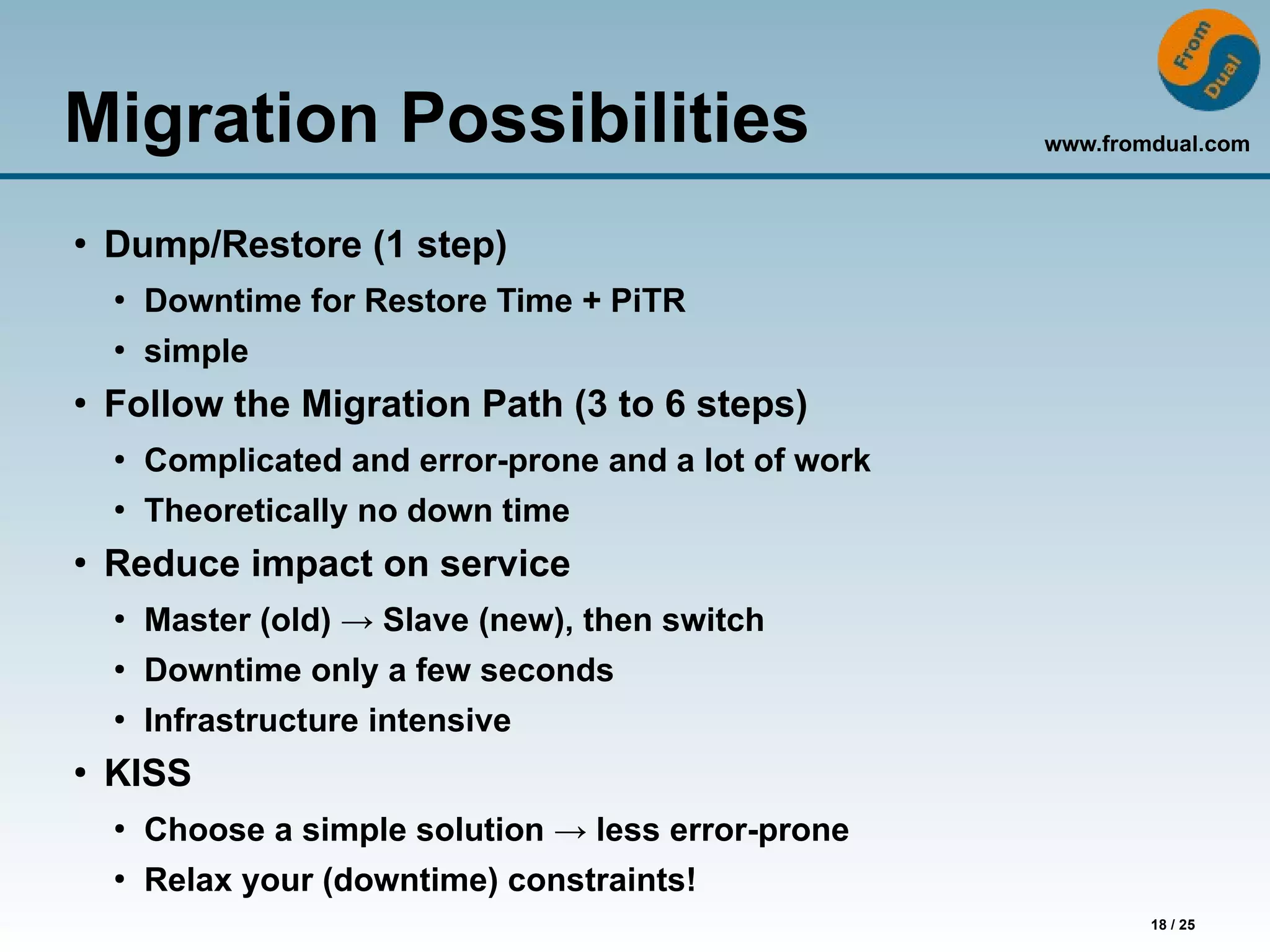 www.fromdual.com
18 / 25
Migration Possibilities
●
Dump/Restore (1 step)
●
Downtime for Restore Time + PiTR
●
simple
●
Follow the Migration Path (3 to 6 steps)
●
Complicated and error-prone and a lot of work
●
Theoretically no down time
●
Reduce impact on service
●
Master (old) → Slave (new), then switch
●
Downtime only a few seconds
●
Infrastructure intensive
●
KISS
●
Choose a simple solution → less error-prone
●
Relax your (downtime) constraints!
 
