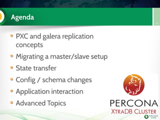 Agenda
PXC and galera replication
concepts
Migrating a master/slave setup
State transfer
Config / schema changes
Application interaction
Advanced Topics
4
 