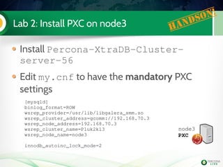 Lab 2: Install PXC on node3
Install Percona­XtraDB­Cluster­
server­56
Edit my.cnf to have the mandatory PXC
settings
node3
PXC
Handson!
[mysqld]
binlog_format=ROW
wsrep_provider=/usr/lib/libgalera_smm.so 
wsrep_cluster_address=gcomm://192.168.70.3
wsrep_node_address=192.168.70.3
wsrep_cluster_name=Pluk2k13
wsrep_node_name=node3
  
innodb_autoinc_lock_mode=2
 