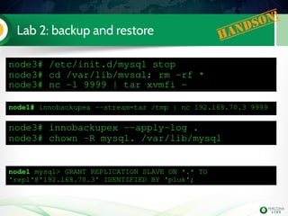 Lab 2: backup and restore Handson!
node3# /etc/init.d/mysql stop
node3# cd /var/lib/mysql; rm ­rf *
node3# nc ­l 9999 | tar xvmfi ­
node1# innobackupex ­­stream=tar /tmp | nc 192.168.70.3 9999
node3# innobackupex ­­apply­log .
node3# chown ­R mysql. /var/lib/mysql
node1 mysql> GRANT REPLICATION SLAVE ON *.* TO 
'repl'@'192.168.70.3' IDENTIFIED BY 'pluk'; 
 