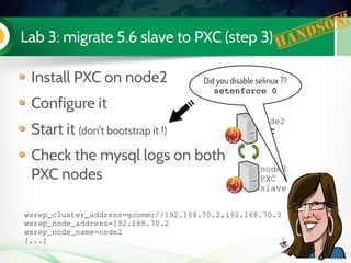 Lab 3: migrate 5.6 slave to PXC (step 3)
Install PXC on node2
Configure it
Start it (don't bootstrap it !)
Check the mysql logs on both
PXC nodes
node2
PXC
node3
PXC
slave
Handson!
wsrep_cluster_address=gcomm://192.168.70.2,192.168.70.3
wsrep_node_address=192.168.70.2
wsrep_node_name=node2
[...]
Did you disable selinux ??
setenforce 0
 