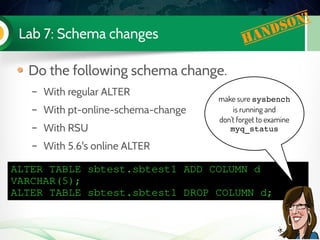 Lab 7: Schema changes Handson!
Do the following schema change.
– With regular ALTER
– With pt-online-schema-change
– With RSU
– With 5.6's online ALTER
ALTER TABLE sbtest.sbtest1 ADD COLUMN d 
VARCHAR(5);
ALTER TABLE sbtest.sbtest1 DROP COLUMN d;
make sure sysbench
is running and
don't forget to examine
myq_status
 