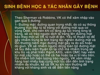 18
SINH BEÄNH HOÏC & TAÙC NHAÂN GAÂY BEÄNH
„ Theo Sherman vaø Robbins, VK coù theå xaâm nhaäp vaøo
gan qua 5 ñöôøng:
„ 1- Ñöôøng maät: ñöôøng quan troïng nhaát, do coù söï thoâng
thöông tröïc tieáp töø taù traøng vôùi ñöôøng maät qua cô
voøng Oddi, cho neân khi coù taêng aùp löïc trong loøng taù
traøng, seõ coù traøo ngöôïc dòch taù traøng leân ñöôøng maät
keùo theo moät soá VK töø ruoät ñi leân. Yeáu toá thuaän lôïi ñeå
gaây nhieãm truøng laø tình traïng taéc ngheõn ñöôøng maät vaø
toån thöông nieâm maïc ñöôøng maät gaây ra do soûi hoaëc
do giun. VK seõ nhieãm ngöôïc doøng toaøn boä ñöôøng maät
vaø tuøy ñieàu kieän thuaän lôïi taïi choã maø nhieãm truøng seõ
khu truù vaø phaùt trieån thaønh AXG, vieâm OMC hay vieâm
tuùi maät caáp hoaëc coù theå caû hai hoaëc ba vò trí neâu treân.
Do nhieãm bôûi hieän töôïng traøo ngöôïc, VK xaâm nhaäp
haøng loaït nhieàu loaïi cuøng moät luùc daãn ñeán tình traïng
nhieãm ña khuaån, keå caû VK kî khí neân thöôøng ñeà
khaùng vôùi khaùng sinh vaø deã dieãn tieán naëng
 