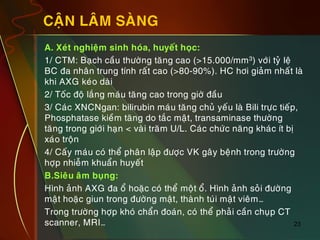 23
CAÄN LAÂM SAØNG
„ A. Xeùt nghieäm sinh hoùa, huyeát hoïc:
„ 1/ CTM: Baïch caàu thöôøng taêng cao (>15.000/mm3) vôùi tyû leä
BC ña nhaân trung tính raát cao (>80-90%). HC hôi giaûm nhaát laø
khi AXG keùo daøi
„ 2/ Toác ñoä laéng maùu taêng cao trong giôø ñaàu
„ 3/ Caùc XNCNgan: bilirubin maùu taêng chuû yeáu laø Bili tröïc tieáp,
Phosphatase kieàm taêng do taéc maät, transaminase thöôøng
taêng trong giôùi haïn < vaøi traêm U/L. Caùc chöùc naêng khaùc ít bò
xaùo troän
„ 4/ Caáy maùu coù theå phaân laäp ñöôïc VK gaây beänh trong tröôøng
hôïp nhieãm khuaån huyeát
„ B.Sieâu aâm buïng:
„ Hình aûnh AXG ña oå hoaëc coù theå moät oå. Hình aûnh soûi ñöôøng
maät hoaëc giun trong ñöôøng maät, thaønh tuùi maät vieâm…
„ Trong tröôøng hôïp khoù chaån ñoaùn, coù theå phaûi caàn chuïp CT
scanner, MRI…
 