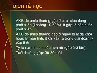 4
DÒCH TEÃ HOÏC
„ AXG do amíp thöôøng gaëp ôû caùc nöôùc ñang
phaùt trieån (khoaûng 10-50%), ít gaëp ôû caùc nöôùc
phaùt trieån
„ AXG do amíp thöôøng gaëp ôû ngöôøi bò lî ñaõ khoûi
hoaëc lî maïn tính, ít khi xaûy ra trong giai ñoaïn lî
caáp tính
„ Tyû leä nam maéc nhieàu hôn nöõ (gaáp 2-3 laàn)
„ Tuoåi thöôøng gaëp: 30-50 tuoåi
 