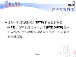 解决方案概要 设置一个启动服务器 (TFTP) 和安装服务器 (NFS) ，客户机通过网络引导 (PXE,DHCP) 进入安装程序，安装程序自动访问服务器上的安装介质完成安装。 