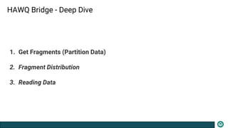 1. Get Fragments (Partition Data)
2. Fragment Distribution
3. Reading Data
HAWQ Bridge - Deep Dive
 
