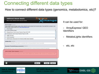 Connecting different data types 
How to connect different data types (genomics, metabolomics, etc)? 
Juan A. Vizcaíno 
jua...