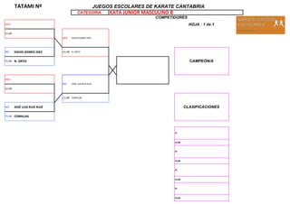 TATAMI Nº
CATEGORIA:
COMPETIDORES
AKA: HOJA : 1 de 1
CLUB:
AO: DAVID GOMEZ DIEZ CLUB: N. ORTIZ
CLUB : N. ORTIZ
AKA:
CLUB:
CLUB: COMILLAS
AO: JOSÉ LUIS RUIZ RUIZ
CLUB : COMILLAS
CLUB:
CLUB:
CLUB:
CLUB:
JOSÉ LUIS RUIZ RUIZ
AKA: DAVID GOMEZ DIEZ
CLASIFICACIONES
JUEGOS ESCOLARES DE KARATE CANTABRIA
AO:
CAMPEÓN/A
KATA JUNIOR MASCULINO B
3º
1º
2º
3º
 