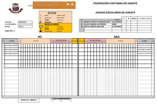 SEMIFINALES KUMITE JUVENIL MASCULINO B -48 KG.
PUNTOS
3 IPPON TRES PUNTOS
2 WAZA ARI DOS PUNTOS
1 YUKO UN PUNTO Nº
FECHA: SENSHU 1º PUNTO 1
CATEGORÍA: RESULTADOS 2
PESO: KACHI GANADOR 3
x MAKE PERDEDOR
GRUPO: 2 HIKIWAAKE EMPATE
1C 2C 3C HC H S K 1C 2C 3C HC H S K
ORDEN DE COMBATE
LIGA 3 COMPETIDORES
1-2 2-3 1-3
MIGUEL BOSCO CAGIGAS ARCE 1
HUGO RAMON GUTIERREZ 2
3 NECO GARCIA AGUILAR
MIGUEL BOSCO CAGIGAS ARCE 1
3 NECO GARCIA AGUILAR
2 HUGO RAMON GUTIERREZ
RESULTADO
PENALIZACIONES
PUNTOS S NOMBRE Nº
AO AKA
Nº NOMBRE S PUNTOS
PENALIZACIONES
RESULTADO
-48 KG. NECO GARCIA AGUILAR COLINDRES
KUMITE JUVENIL MASCULINO B HUGO RAMON GUTIERREZ KIME
18/06/2023 MIGUEL BOSCO CAGIGAS ARCE COLINDRES
FEDERACIÓN CÁNTABRA DE KARATE
JUEGOS ESCOLARES DE KARATE
V P IPPON CLASIFICACIÓN
CLUB
 