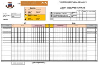 SEMIFINALES KUMITE JUVENIL MASCULINO B -48 KG.
PUNTOS
3 IPPON TRES PUNTOS
2 WAZA ARI DOS PUNTOS
1 YUKO UN PUNTO Nº
FECHA: SENSHU 1º PUNTO 1
CATEGORÍA: RESULTADOS 2
PESO: KACHI GANADOR 3
x MAKE PERDEDOR
GRUPO: 2 HIKIWAAKE EMPATE
1C 2C 3C HC H S K 1C 2C 3C HC H S K
ORDEN DE COMBATE
LIGA 3 COMPETIDORES
1-2 2-3 1-3
JESUS TRUEBA BARCENA 1
JORGE ESPINOSA CASTILLO 2
3 DANIEL SANCIBRIAN GONZALEZ
JESUS TRUEBA BARCENA 1
3 DANIEL SANCIBRIAN GONZALEZ
2 JORGE ESPINOSA CASTILLO
RESULTADO
PENALIZACIONES
PUNTOS S NOMBRE Nº
AO AKA
Nº NOMBRE S PUNTOS
PENALIZACIONES
RESULTADO
-48 KG. DANIEL SANCIBRIAN GONZALEZ KIME
KUMITE JUVENIL MASCULINO B JORGE ESPINOSA CASTILLO COLINDRES
18/06/2023 JESUS TRUEBA BARCENA KIME
FEDERACIÓN CÁNTABRA DE KARATE
JUEGOS ESCOLARES DE KARATE
V P IPPON CLASIFICACIÓN
CLUB
 