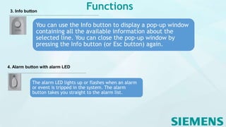 Functions3. Info button
You can use the Info button to display a pop-up window
containing all the available information about the
selected line. You can close the pop-up window by
pressing the Info button (or Esc button) again.
4. Alarm button with alarm LED
The alarm LED lights up or flashes when an alarm
or event is tripped in the system. The alarm
button takes you straight to the alarm list.
 