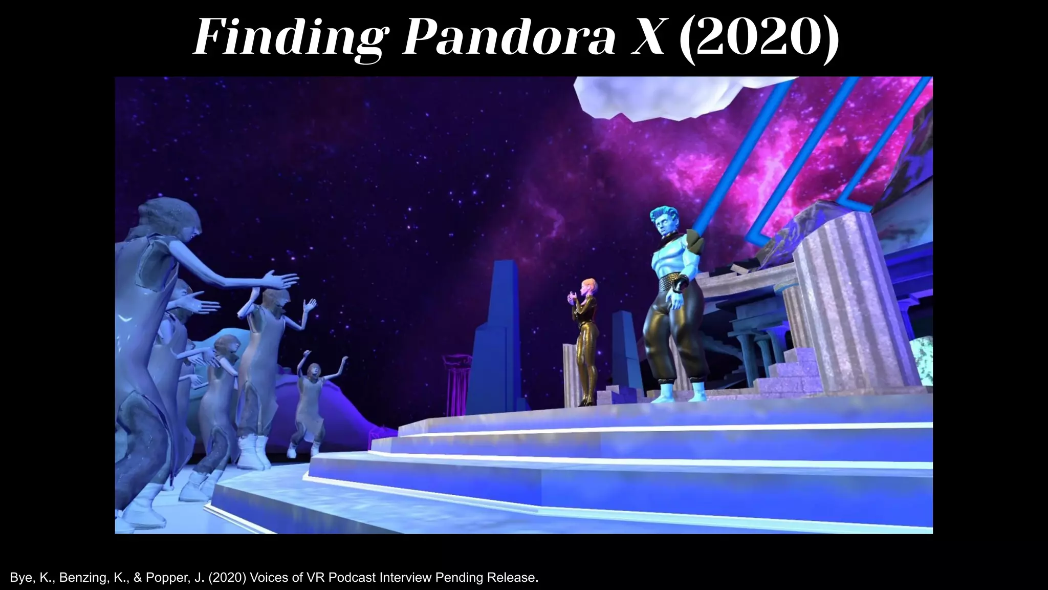 Finding Pandora X (2020)
Bye, K., Benzing, K., & Popper, J. (2020) Voices of VR Podcast Interview Pending Release.
 