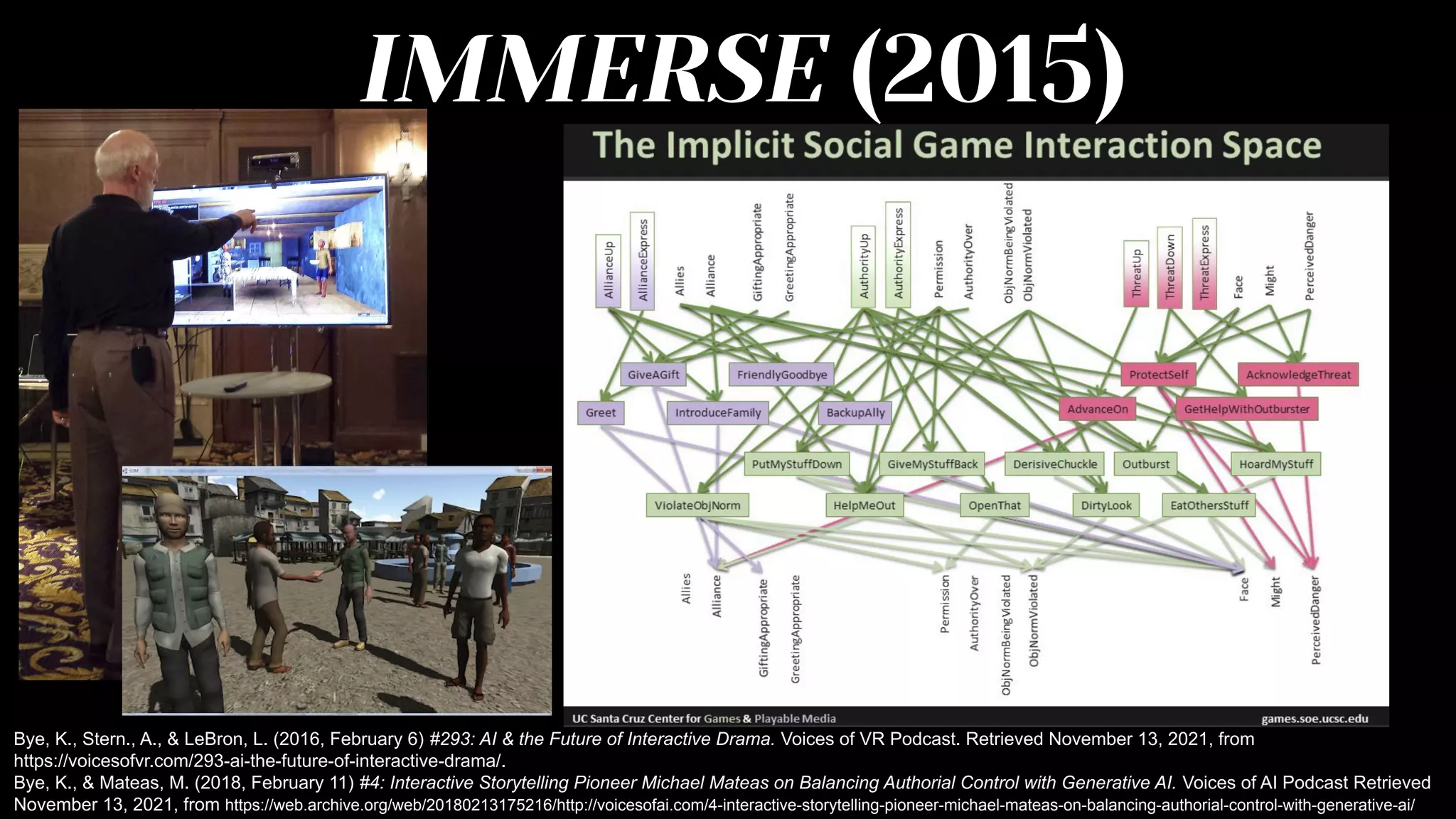 IMMERSE (2015)
Bye, K., Stern., A., & LeBron, L. (2016, February 6) #293: AI & the Future of Interactive Drama. Voices of VR Podcast. Retrieved November 13, 2021, from
https://voicesofvr.com/293-ai-the-future-of-interactive-drama/.
Bye, K., & Mateas, M. (2018, February 11) #4: Interactive Storytelling Pioneer Michael Mateas on Balancing Authorial Control with Generative AI. Voices of AI Podcast Retrieved
November 13, 2021, from https://web.archive.org/web/20180213175216/http://voicesofai.com/4-interactive-storytelling-pioneer-michael-mateas-on-balancing-authorial-control-with-generative-ai/
 